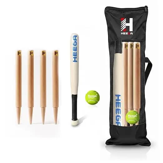 Heega 6 Piece Wooden Rounders Set & Carry Bag - Baseball Bat & Soft Tennis Ball Garden Fun Play Set