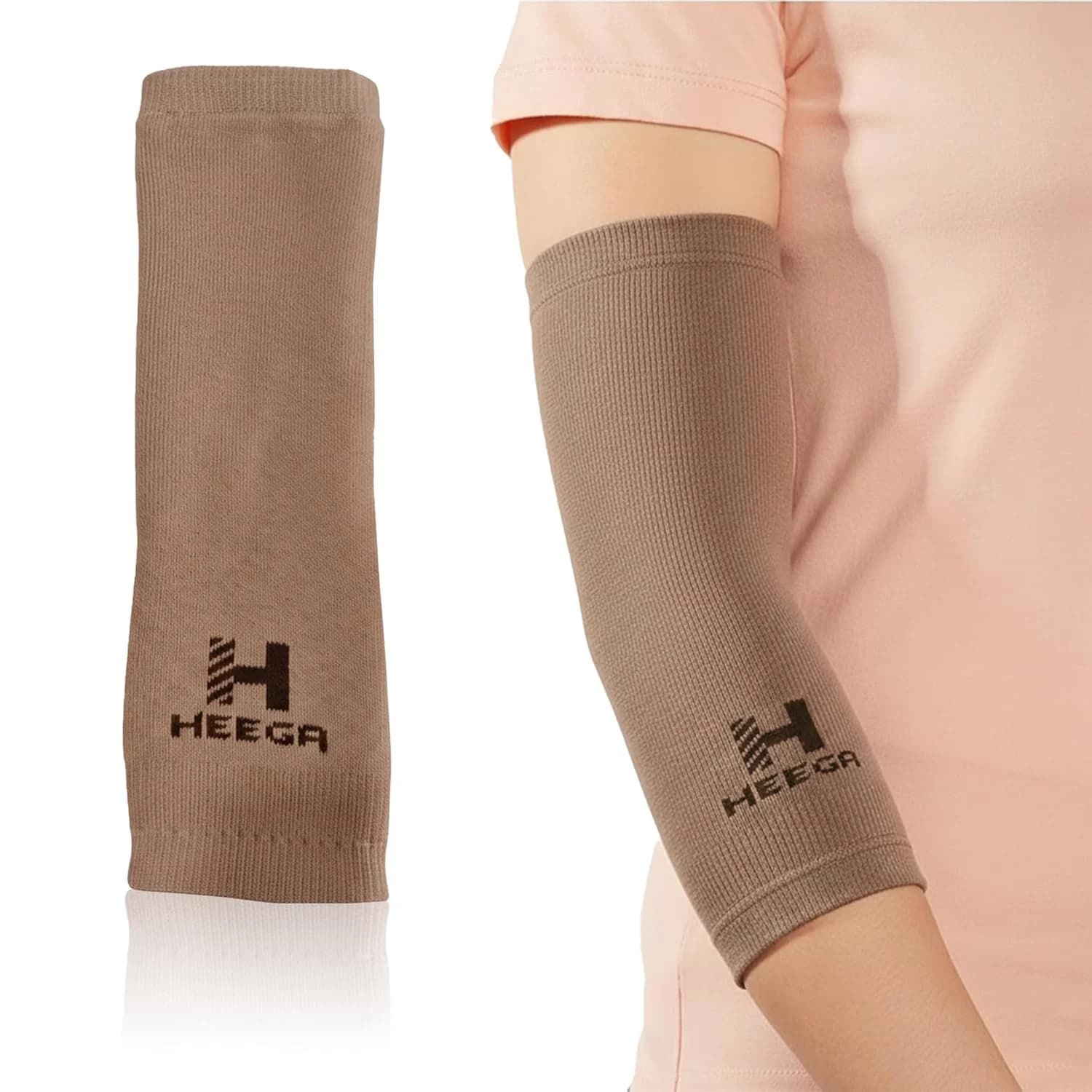 Heega Cotton Blend Elbow Support Sleeve For Gym - Elbow Brace For Men And Women | 2 Way Compression Arm Sleeves Elbow Band | Elbow Support For Elbow Pain Releif (Large, Brown)