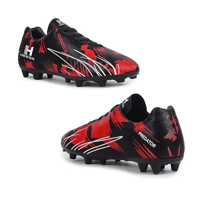 Heega Predator Men Lightweight Football Shoes for Boys, Breathable & Water Resistant with Flexible & Sturdy Outsole | Rounded Studs for Synthetic, Turf & Hard Grounds - Red and Black