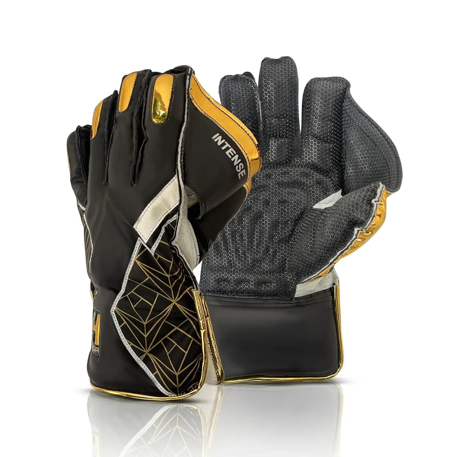 Heega Intense Black PU Leather Cricket Wicket Keeping Gloves Suitable for Professional Players | Durable Construction, Superior Grip, High-Density Finger Protection (Size - Men)