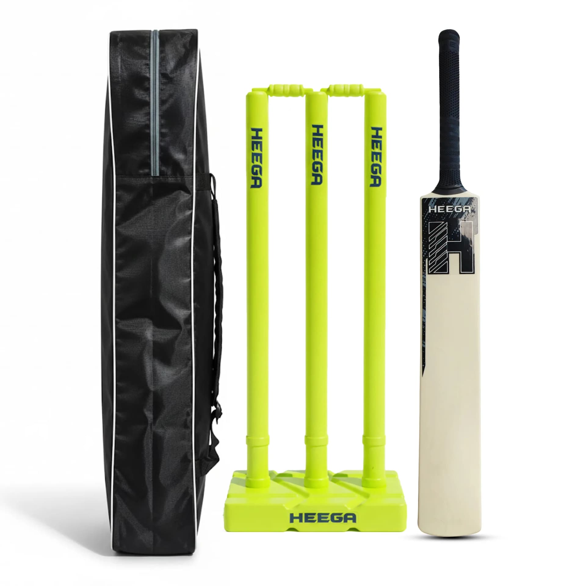 Heega Cricket Combo Kit Set | Plastic/PVC Cricket Kit Set | Full Size | 1 Bat + 1 Ball + 3 Stumps + 2 Bails + 1 Base | Color: Neon Yellow | Tennis & Synthetic Ball Cricket Kit