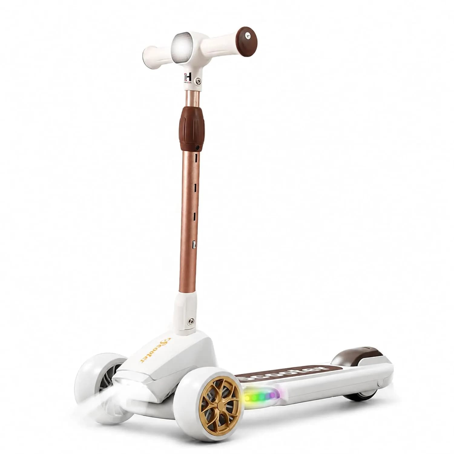 Heega Foldable Kick Scooter for Kids with 4 Level Adjustable Height, PU LED Wheels, Lights and Music for 3+ Years Baby Boy & Girl of Up to 75kg Weight (Cream Gold)