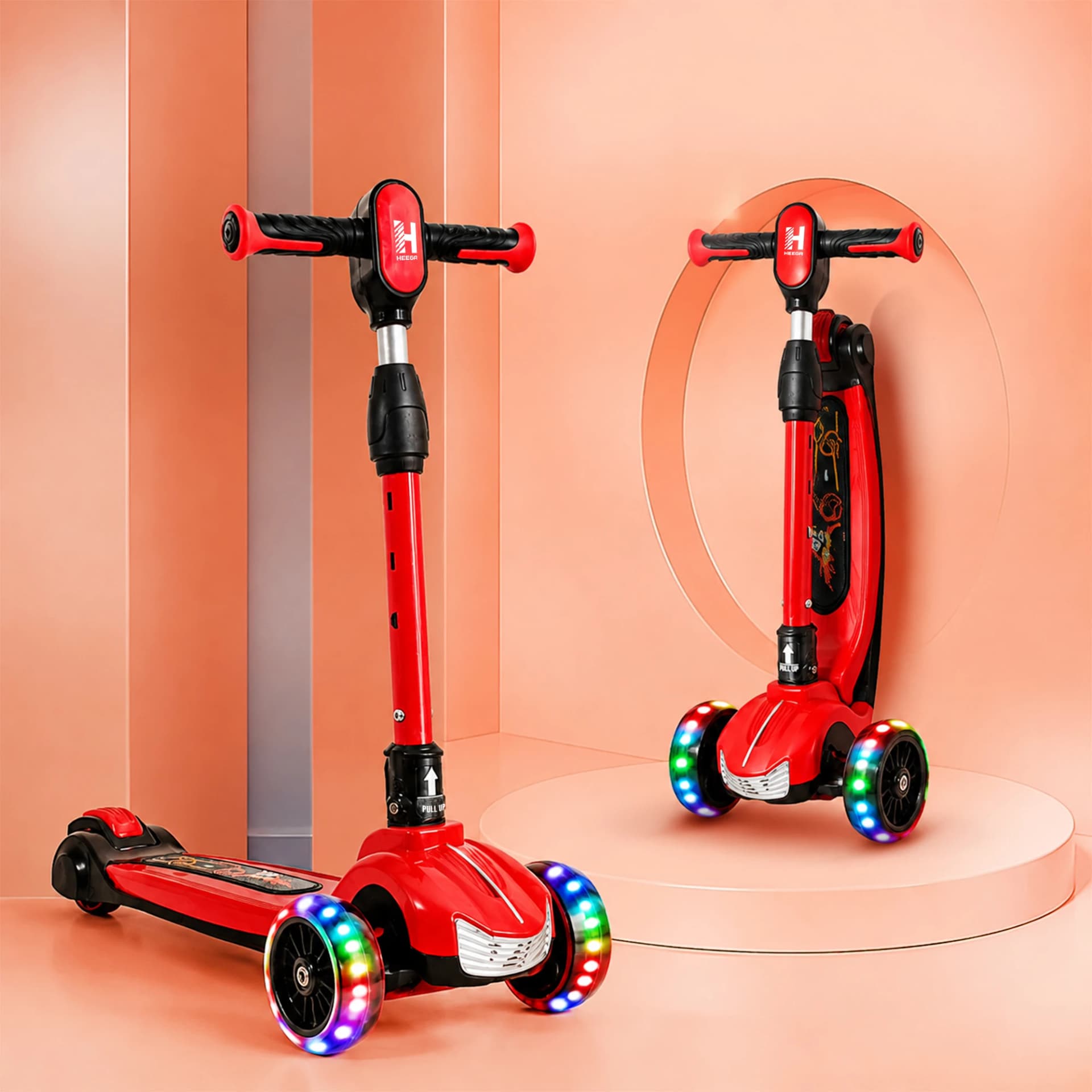 Heega Turbo Kick Foldable Scooter for Kids with 4 Level Adjustable Height, PU LED Wheels and Music for 3+ Years Baby Boy & Girl of Up to 75kg Weight (Multicolor)